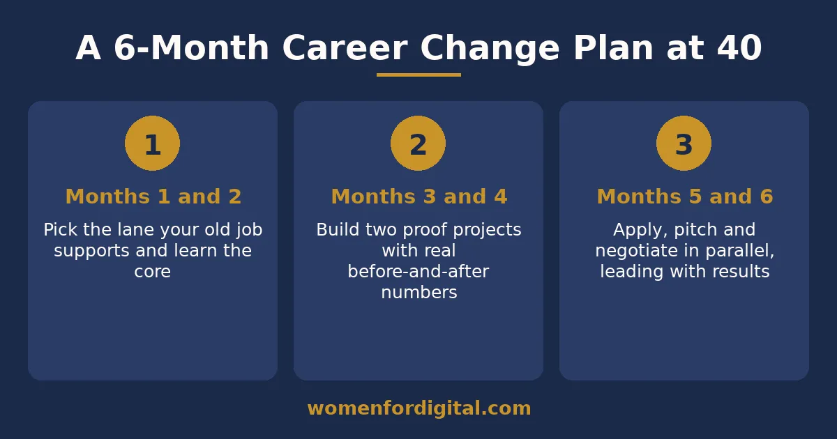 Digital marketing career change at 40 with no experience: six-month plan Six-month plan infographic for a digital marketing career change at 40 with no experience