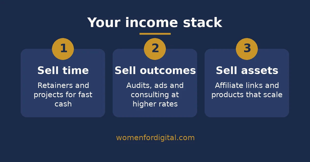 Three-layer income stack for digital marketing monetisation: sell time, sell outcomes, sell assets