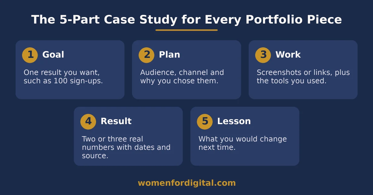 Digital marketing portfolio ideas for beginners with no experience: 5-part case study Infographic of a five-part case study for digital marketing portfolio ideas for beginners with no experience